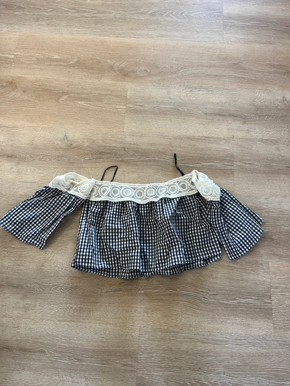 Forever 21 Black & White Gingham Off-Shoulder Top with Crochet Trim